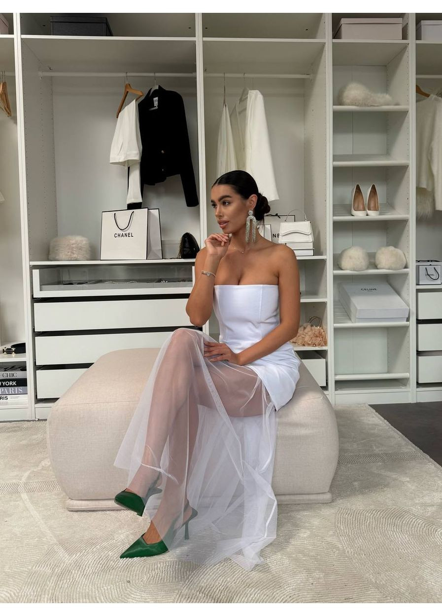 Білий вечірня трендова жіноча сукня з костюмної тканини та сітки — замір в описі DK/DL Мода без кордонів однотонна