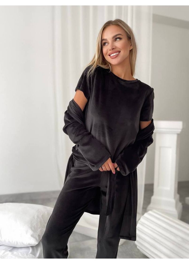 Чорна всесезон велюровий домашній комплект трійка Fashion