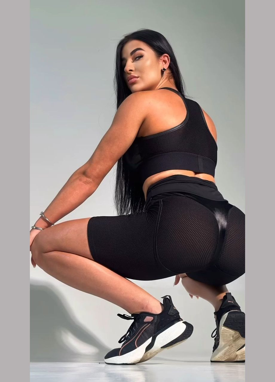 Спортивний костюм двійка (топ та велосипедки) з еластичної сіточки та ефектом пуш-ап, чорного кольору, розмір S Trends (330756994)
