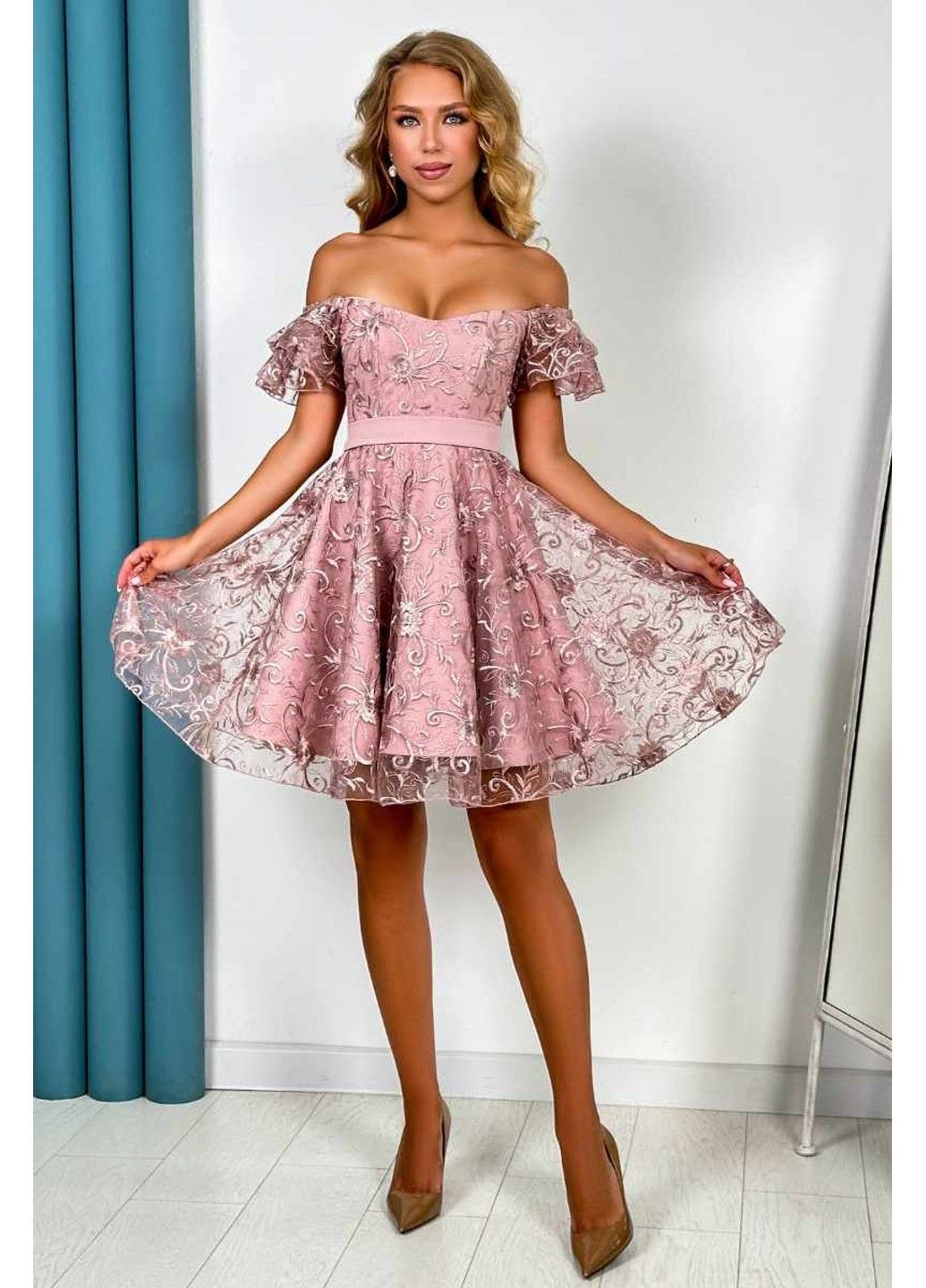 Рожева коктейльна сукня "ніжний гіпюр" 24036 фрезова Tanita-Romario