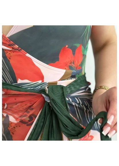 Комбінований демісезонний суцільний купальний plus size з парео тропічний принт No Brand