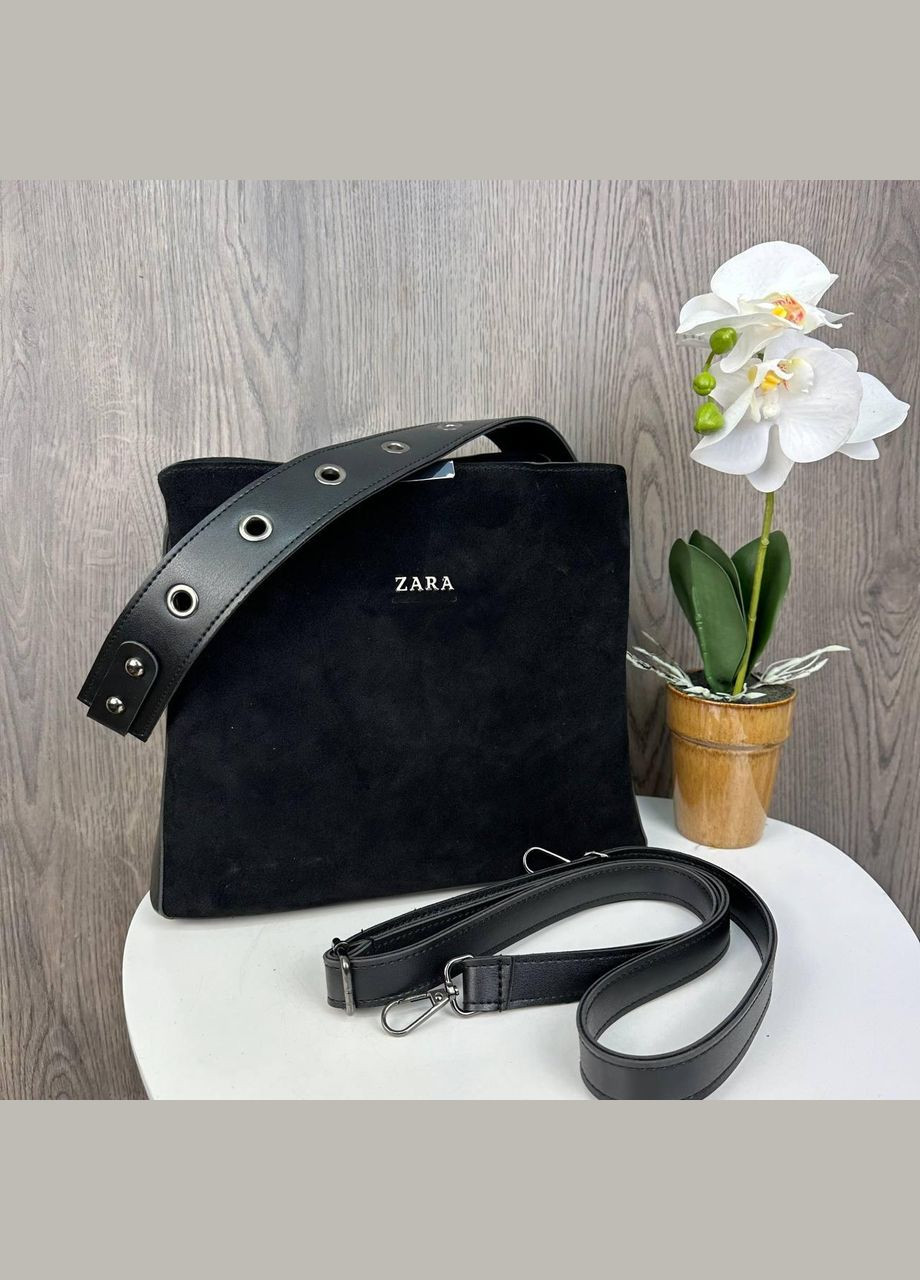 Жіноча замшева сумка трапеція з магнітом та 2 плечовими ременями чорна (sku_1423Н) No Brand (330576866)