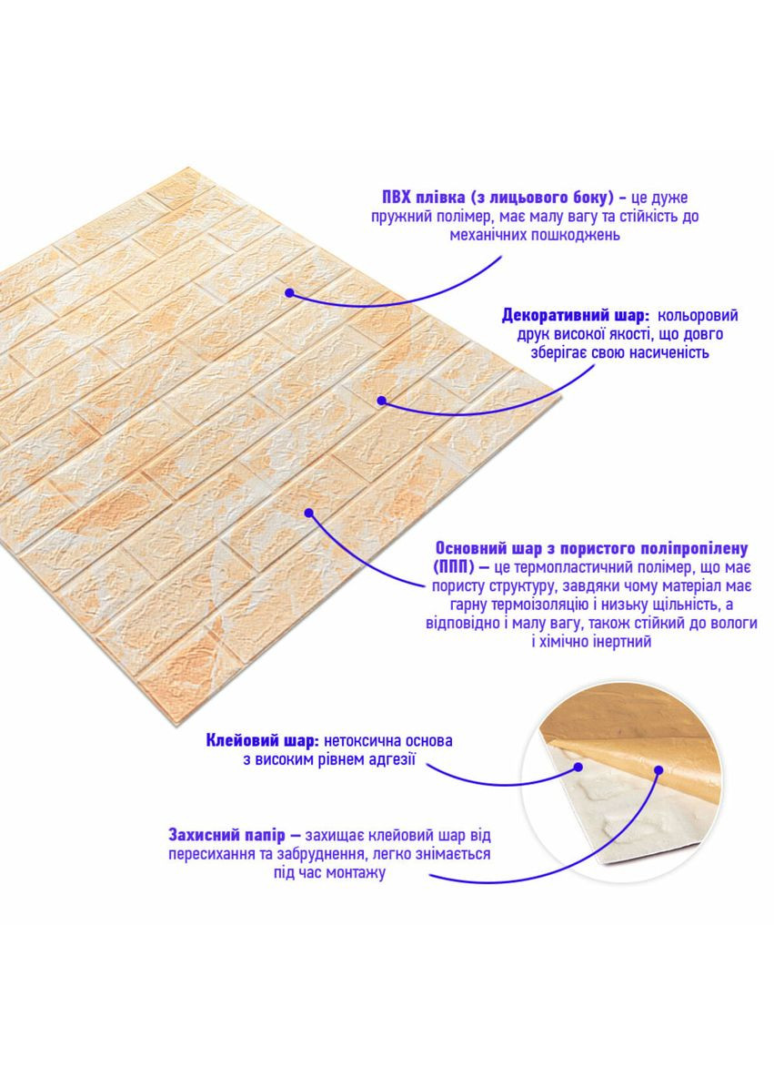 Декоративна 3D панель самоклейка 700х770х5мм Мармур бежевий(цегла) (062) SW-00000032 Sticker Wall (368833393)