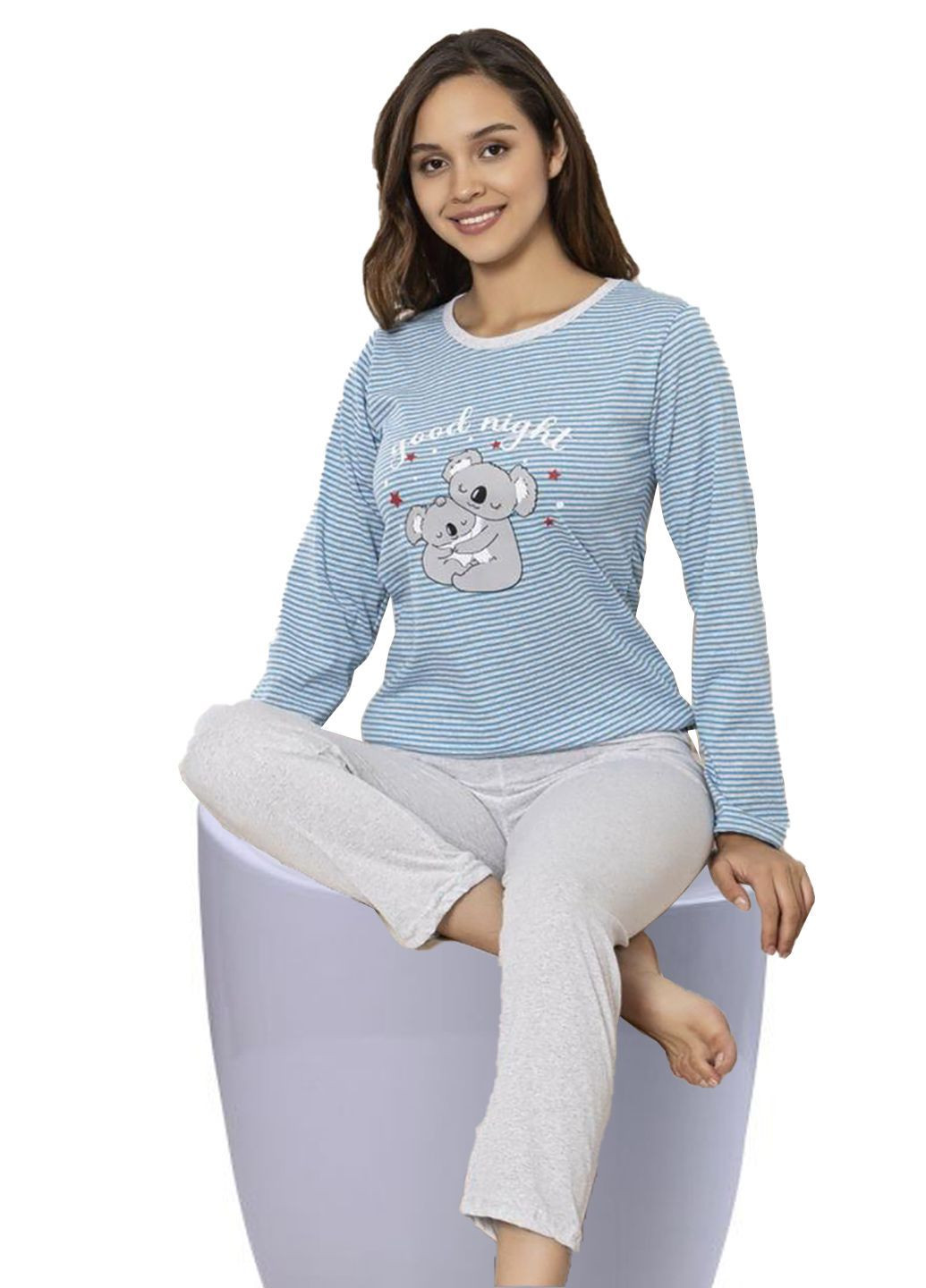 Сіро-голубий піжама жіноча бавовна лонгслів + брюки Cotton More