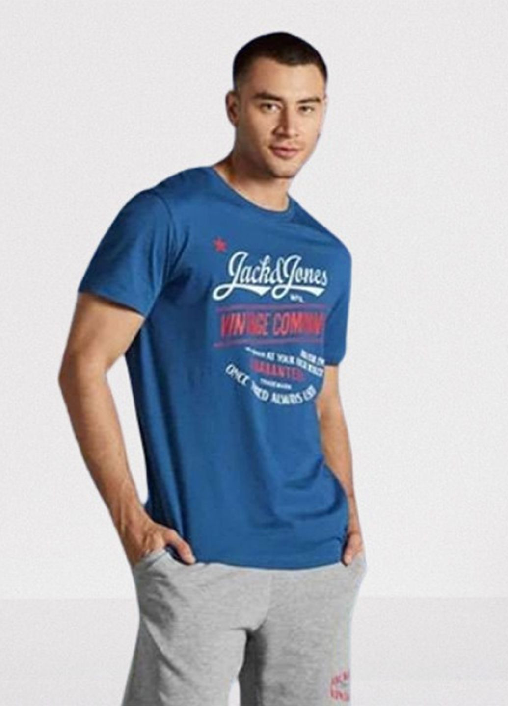 Синяя футболка базовая мужская с коротким рукавом Jack & Jones