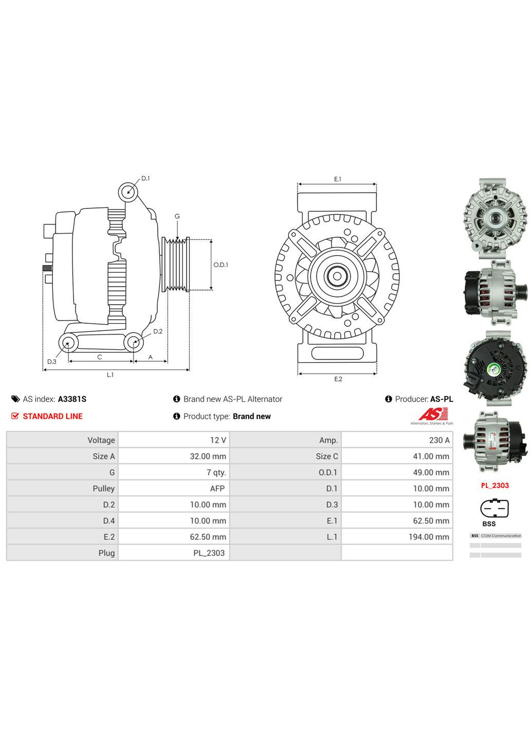 Генератор ГЕНЕРАТОР A3381S PL A3381S As (354335791)