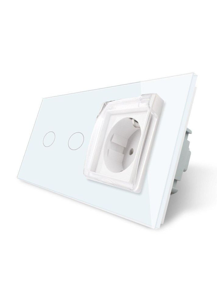 Сенсорный выключатель + двойная влагозащитная розетка с крышкой IP44, с заземлением, белая стеклянная рамка, шторки, Livolo (370970695)