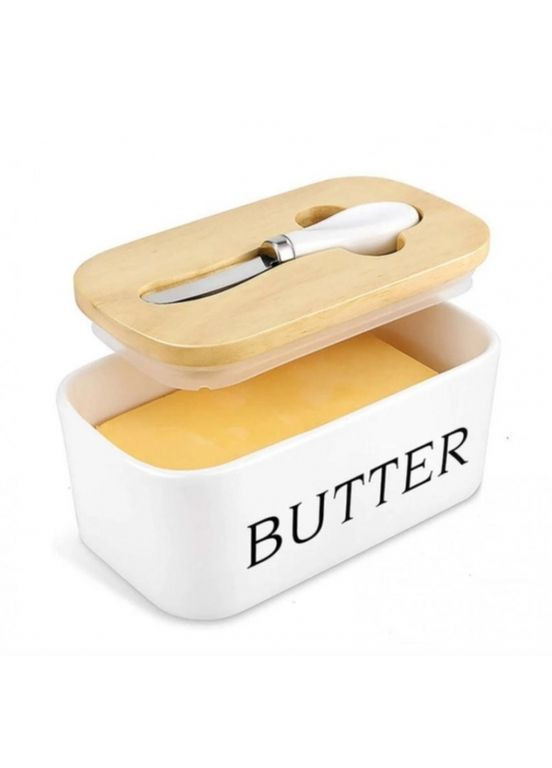 Масленка керамическая с ножом 650мл белая для масла и масла с бамбуковой крышкой ProDobro (365440833)