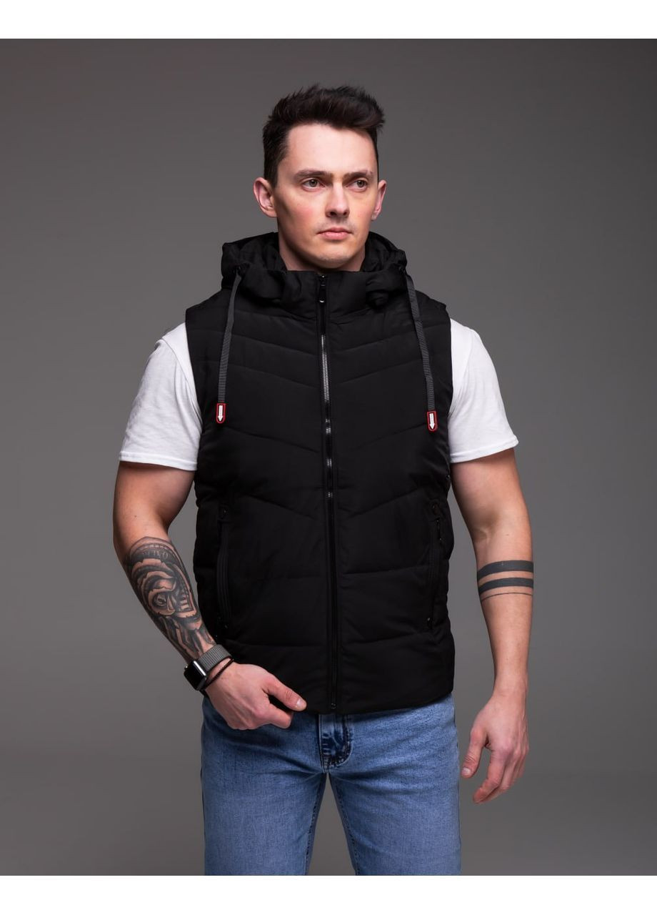 Утеплена чоловіча жилетка з капюшоном matte black No Brand (364260843)