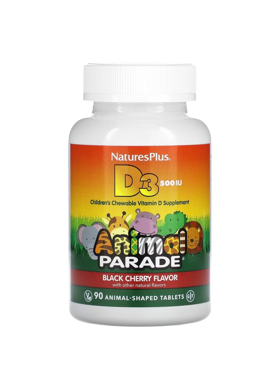 Вітамін Д3 500 МО для дітей Animal Parade Vitamin D3 для здоров'я кісток 90 жувальних таблеток Nature's Plus (263603586)