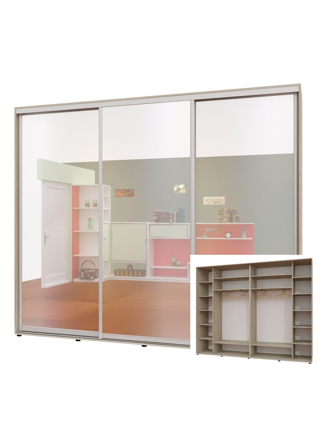 Шафа-купе тридверна 290*45*240 см Дуб Шамоні світлий 3 двері Дзеркало Люкс-147 Алекса (360478125)