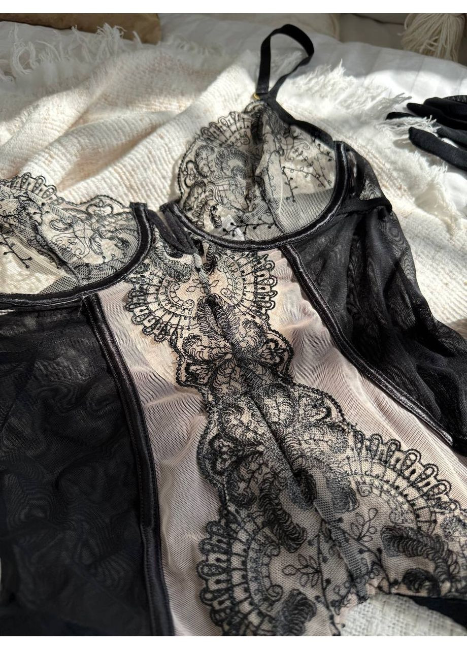 Чорний балконет комплект жіночої білизни | ніжний мереживний, чорне спокушання Vital-Textile з кісточками поліестер, еластан