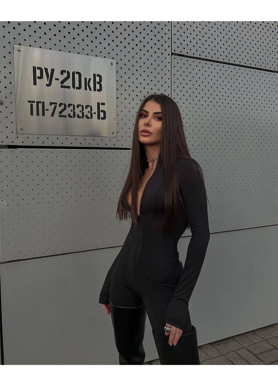 Стильный женский утепленный комбинезон с длинным рукавом No Brand комбинезон-брюки однотонный чёрный кэжуал дайвинг, флис