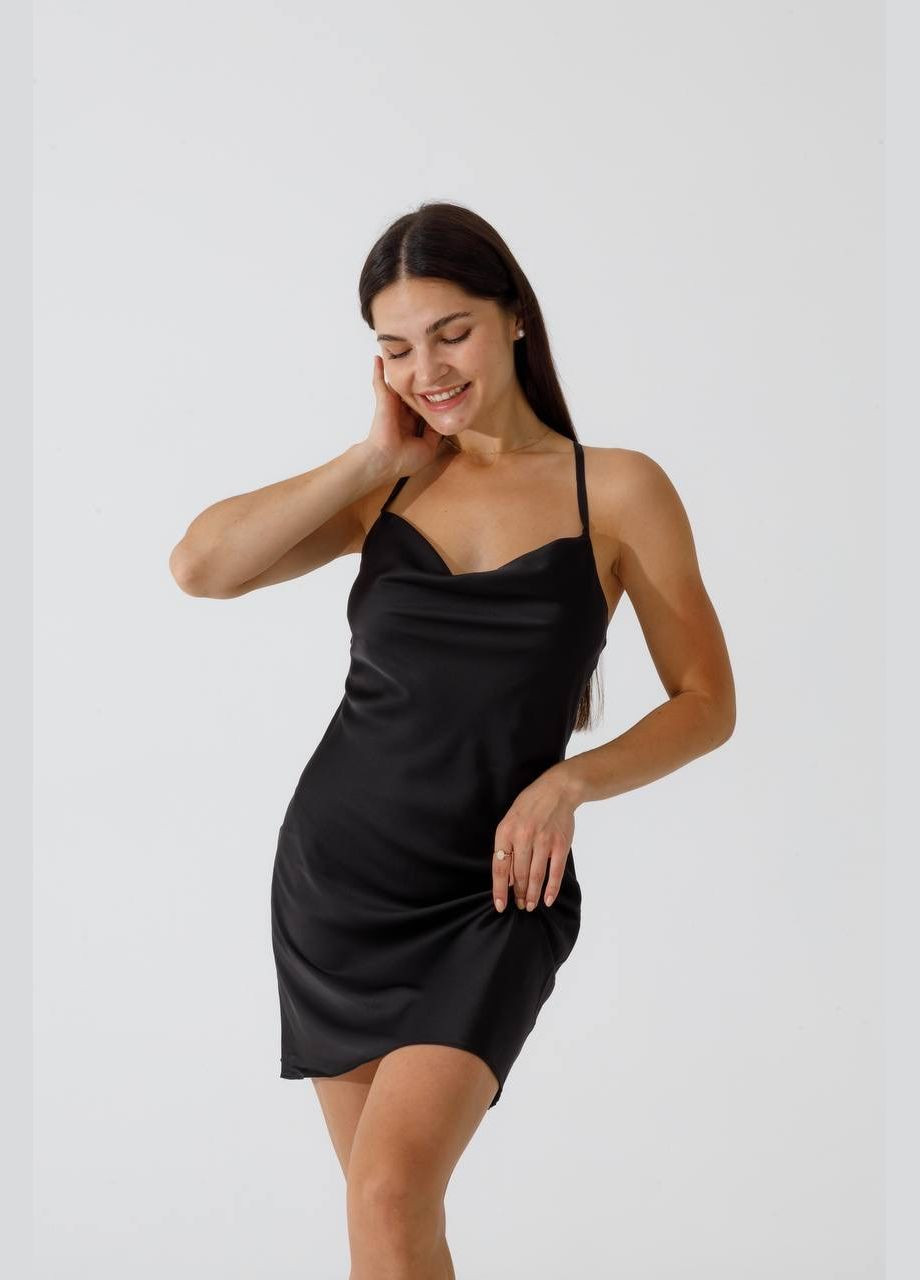 Чорна сорочка з італійського шовку, чорна, коротка на бретельках Shine