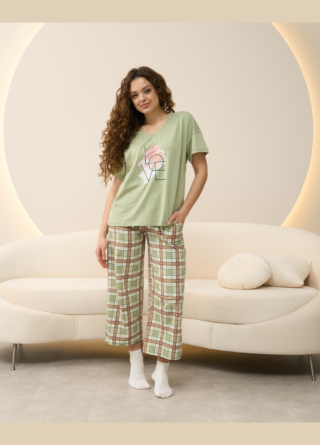 Оливковая (хаки) женский комплект с кюлотами в клетку Nicoletta