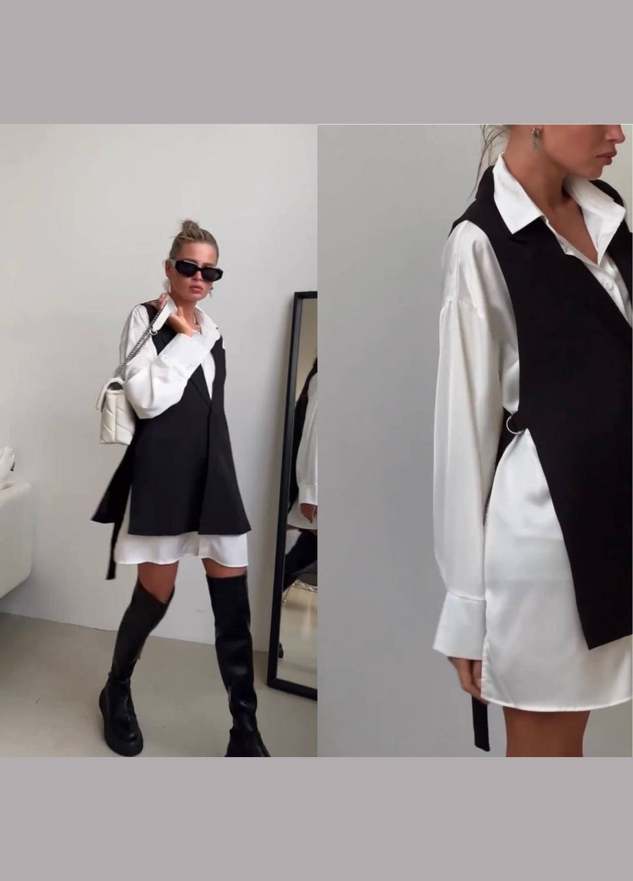 Черно-белый демисезонный комплект рубашки и жилета в деловом стиле. Adelante