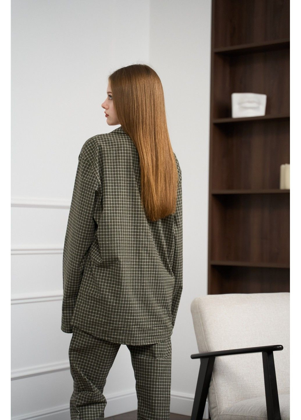 Оливкова піжама жіноча в клітинку фланель soft оливка сорочка + брюки Handy Wear
