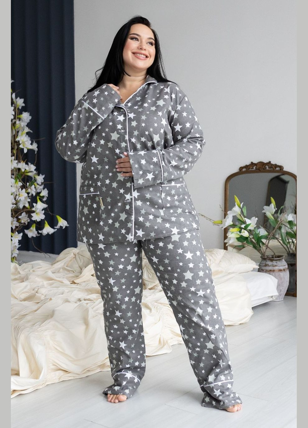 Комбінована всесезон піжама фланелева п701 зірки на сірому MiaNaGreen