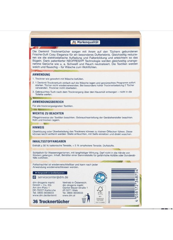 Ароматизовані серветки для сушіння білизни 36 шт Denkmit Trocknertücher Cosy Elegance, 36 St No Brand (367610555)