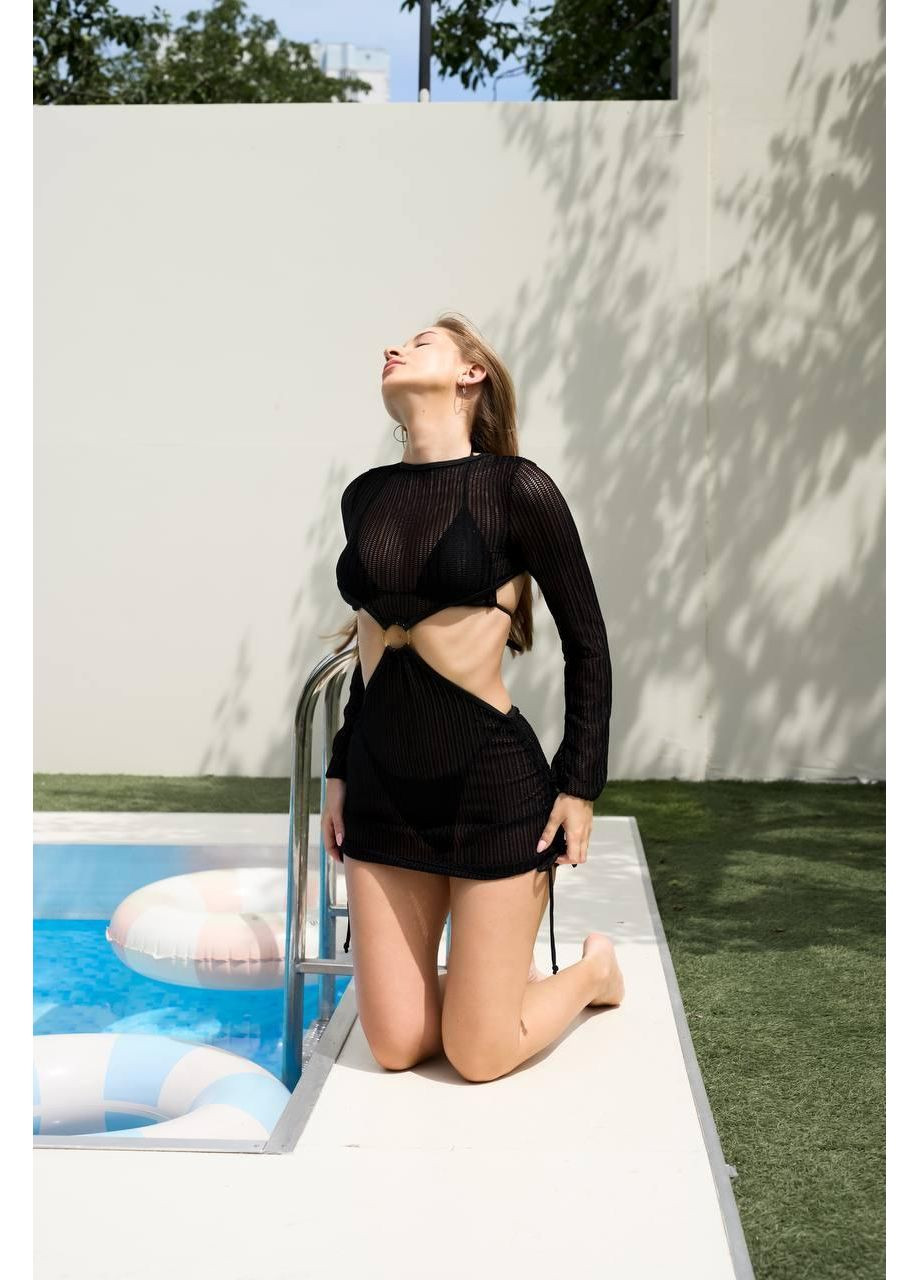 Чорний літній жіночий комплект: купальник + прозора чорна туніка з вирізами / жіночий чорний сет купальник і туніка з кільцем / комплект No Brand