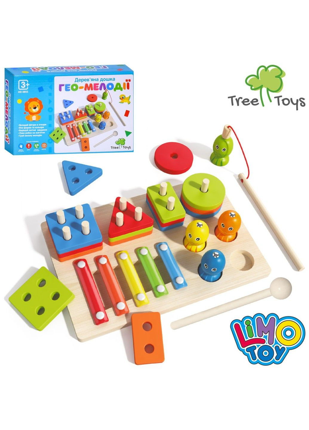Деревянная игрушка Многофункциональная доска геометрика, ксилофон (5 тонов, палочка), рыбалка Limo Toy (307152017)