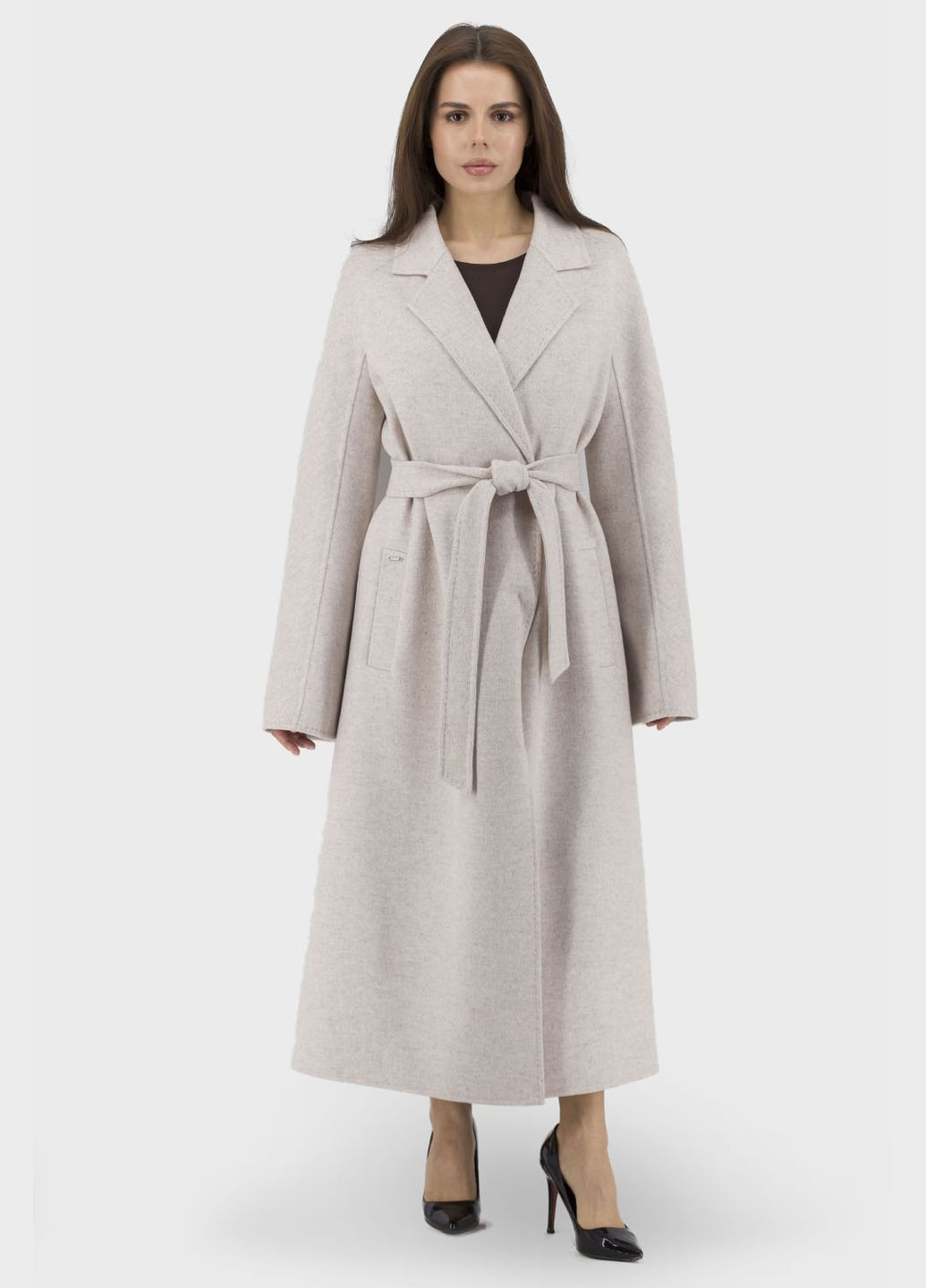 Світло-бежеве демісезонне Жіноче класичне вовняне пальто меланж, світлобежеве, з поясом Bella Bicchi (світлобежевий, ), 47892 No Brand