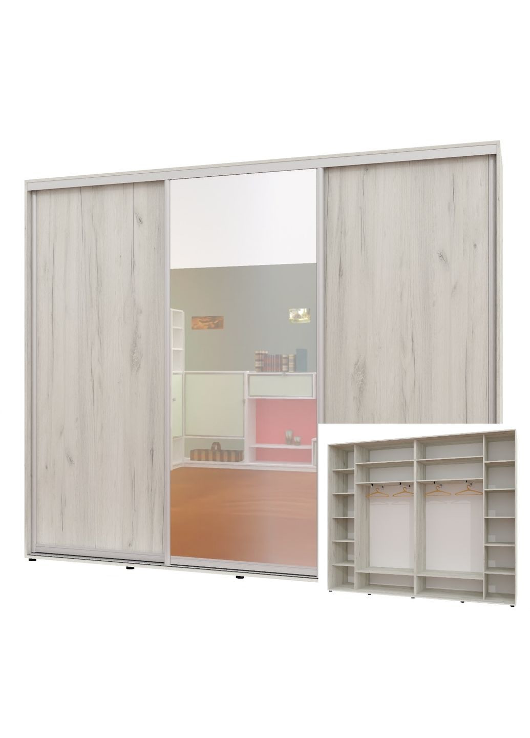 Шафа-купе тридверна 300*45*230 см Дуб крафт білий 3 двері ДСП + Дзеркало + ДСП Люкс-147 Алекса (360474984)