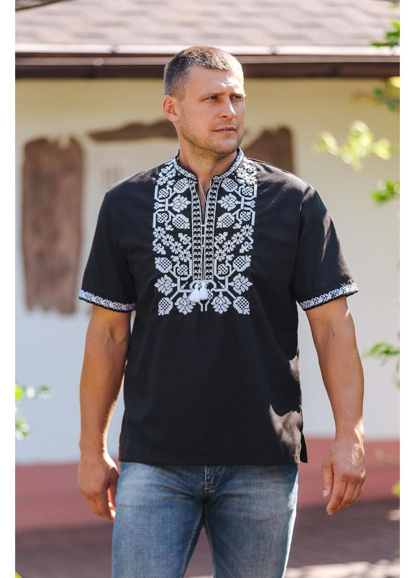 Чёрная мужская черная вышиванка с белой вышивкой геометрический орнамент контрастный стиль m–5xl, 5xl лен (299924949)