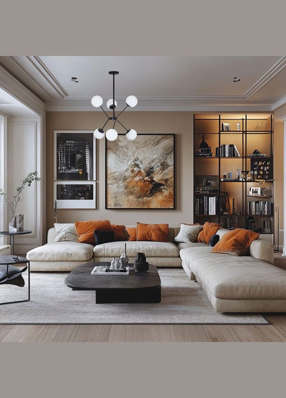 Чорна модерн люстра на 6 білих плафони (52-9810-6 BK+WH) No Brand (370070094)