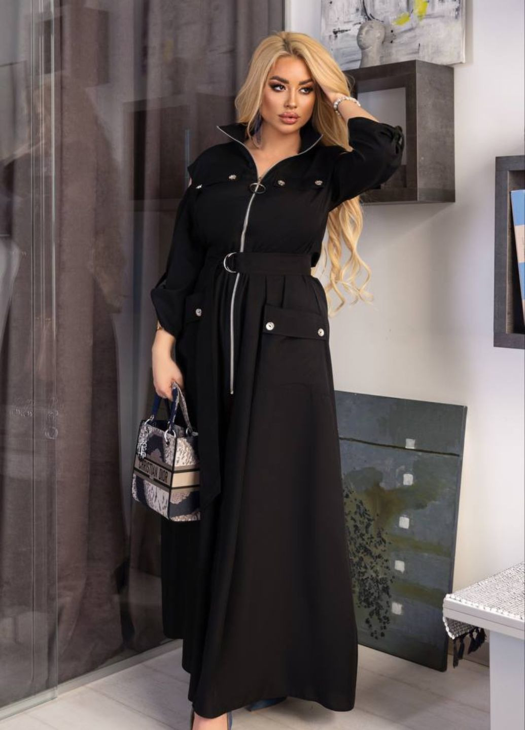 Чорна повсякденний максі сукня повсякденного типу з поясом No Brand однотонна