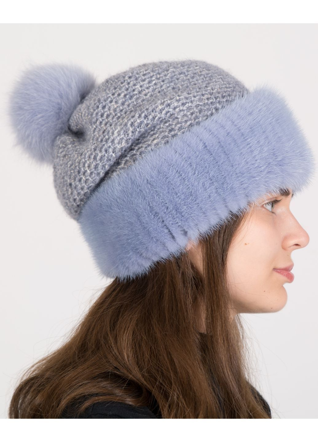 В'язана хутряна норкова шапка з помпоном з хутра песця Меховой Стиль Соты (305829725)