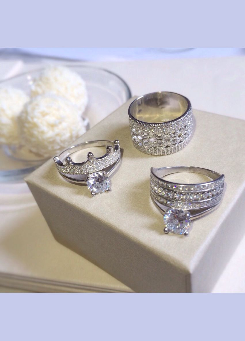 Каблучка срібна велика широка Бризки Шампансьокого з маленькими фіанітами Каштан (342334860)