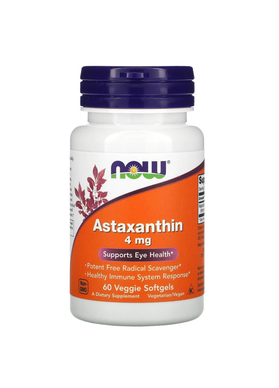 Астаксантин 4 мг Astaxanthin антиоксидант каротиноид для здоровья глаз 60 растительных капсул Now Foods (263517325)