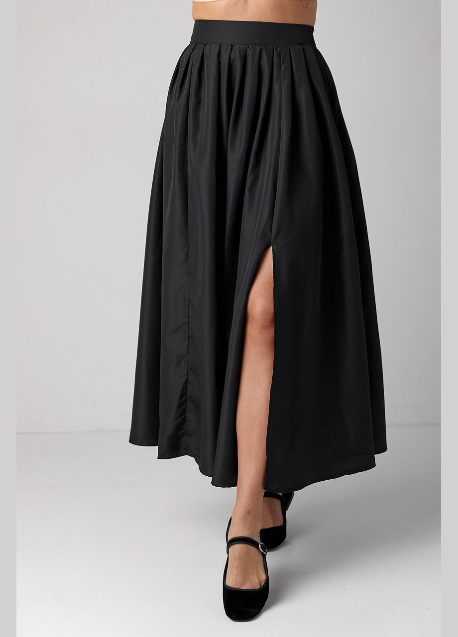 Черная офисная, повседневная, вечерний однотонная пышная юбка со складками на высокой талии и разрезом Liton пышная