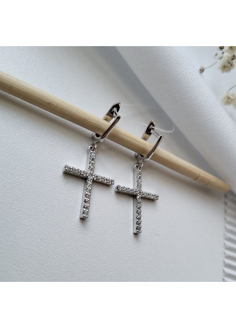 Срібні сережки з Підвіскою Хрести з Білим камінням срібло 925 проби Родоване 53103р 3.70г No Brand (306741704)