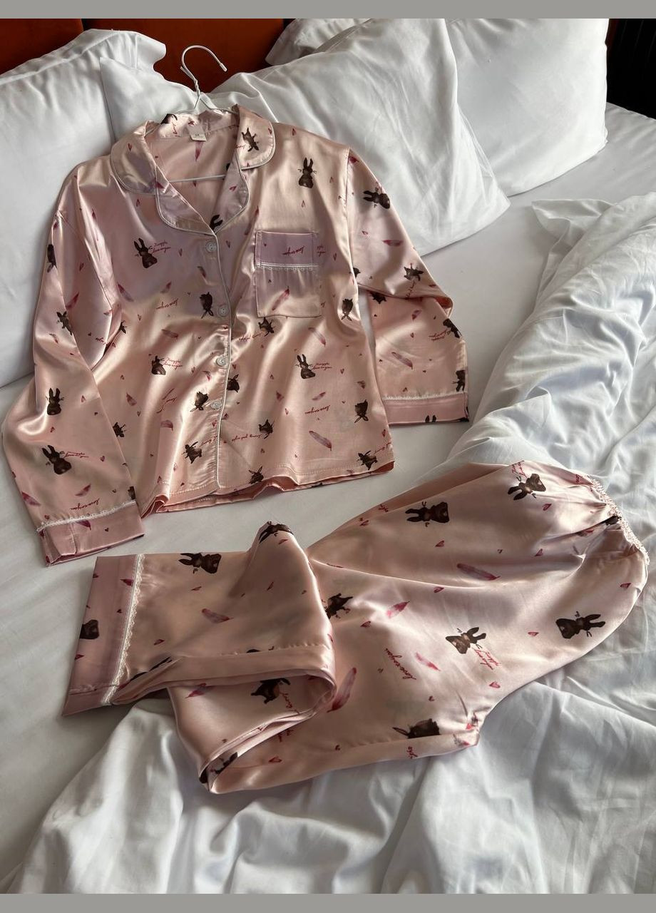 Розовая всесезон пижама женская шелковая рубашка и брюки на резинке рубашка + брюки No Brand