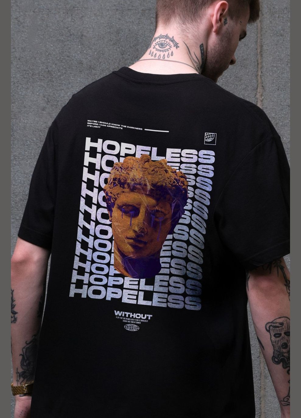 Черная мужская оверсайз футболка с принтом hopeless с длинным рукавом Without