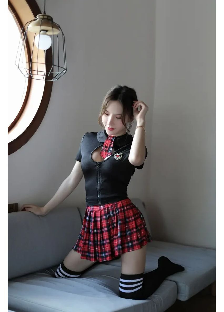 Жіночий карнавальний костюм школярки з топу, спідниці та червоної краватки. No Brand (361442653)