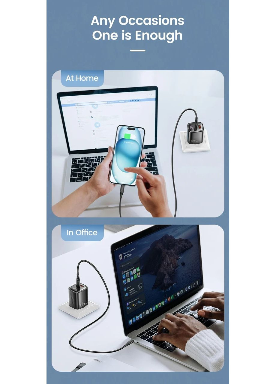 Сетевое зарядное устройство 33W GAN USB Type-C + USB-A с LED дисплеем, быстрая зарядка PD/QC 3.0, черный Toocki (354827656)