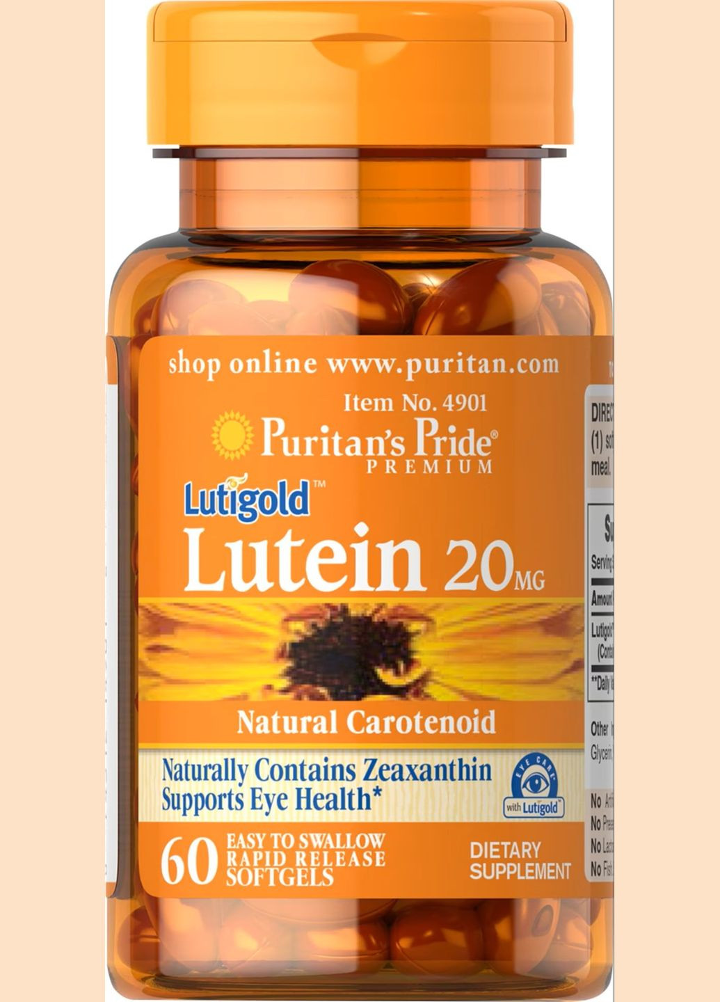 Лютеїн з зеаксантином Puritan's Pride Lutein 20 mg with Zeaxanthin 60 Softgels Puritans Pride (293061858)