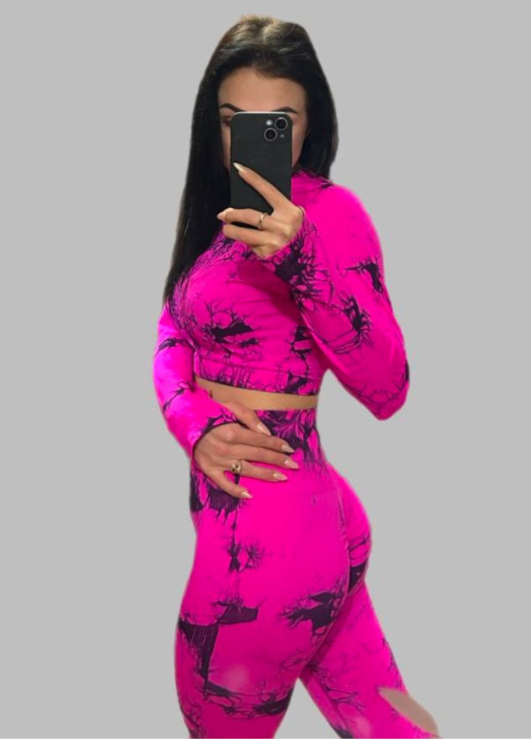 Базовий приталений спортивний костюм двійка: топ з довгими рукавами з вирізами під пальчики + лосини Україна (328558981)