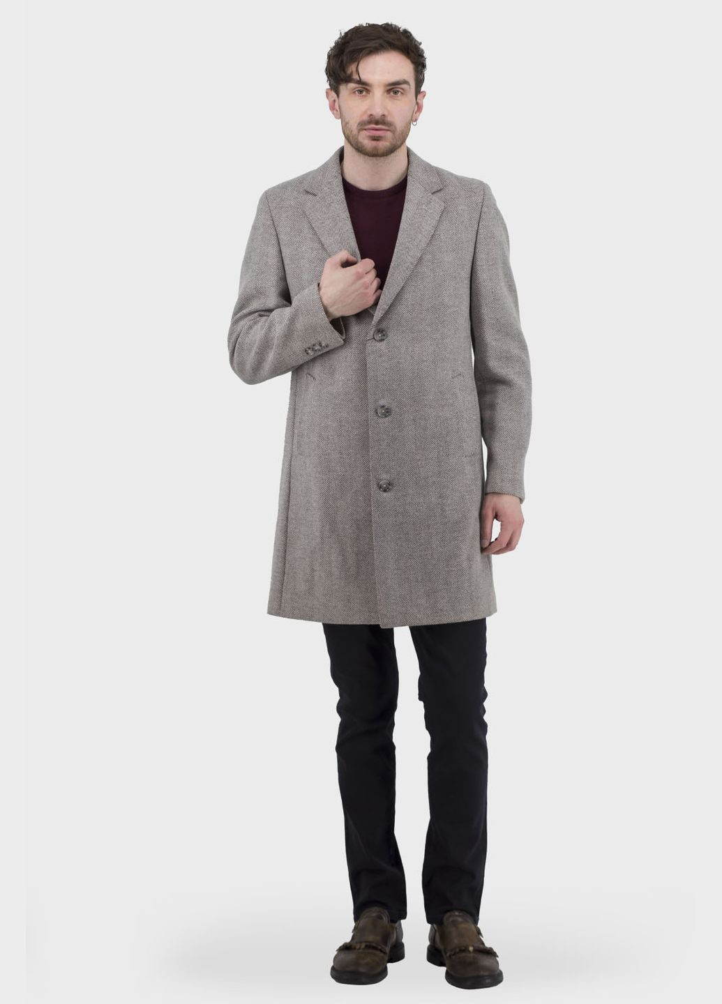 Светло-серое демисезонное Мужское среднее шерстяное пальто с вискозой, приталенный крой, английский воротник, классический стиль Simoni (графит, ), 47236 No Brand