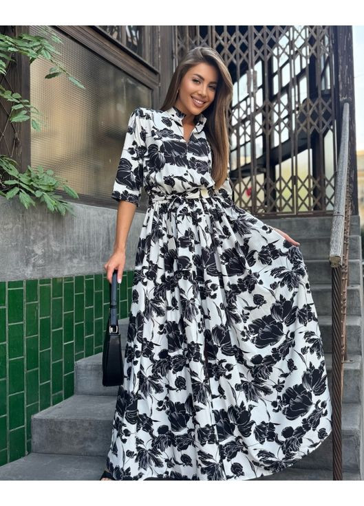 Черно-белое повседневный принтованное длинное платье бело-черного цвета а-силуэт ISSA PLUS с цветочным принтом