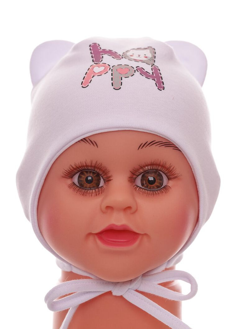 Шапка на зав'язках для дівчинки подвійний трикотаж Happy біла 1м+ (50977) BABYKROHA (323469702)