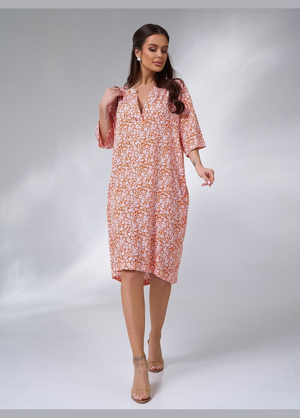 Помаранчева святковий, коктейльна, ділова, повсякденний, кежуал, вечірня бавовняна сукня вільного крою No Brand з квітковим принтом