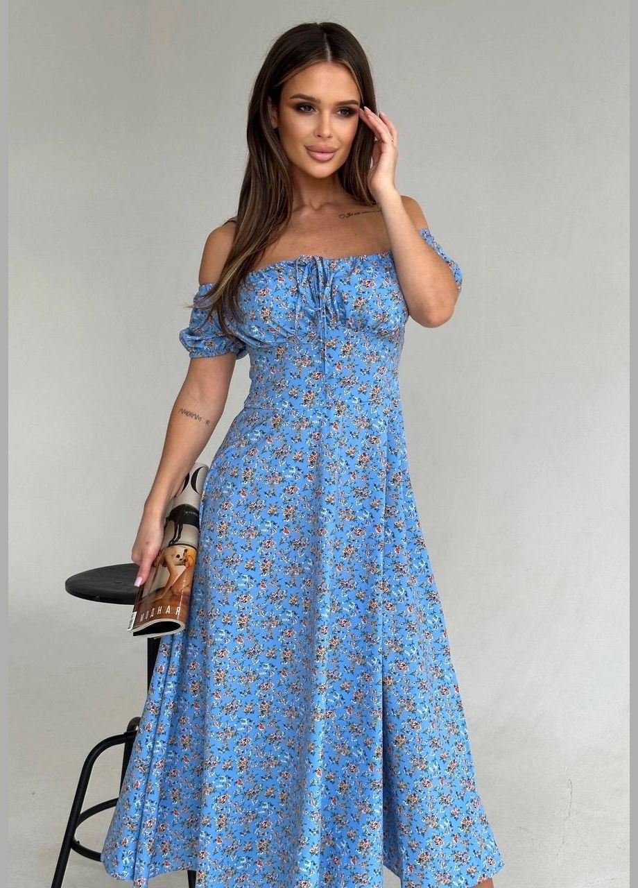 Блакитна сукня жіноча в принт квіточки No Brand