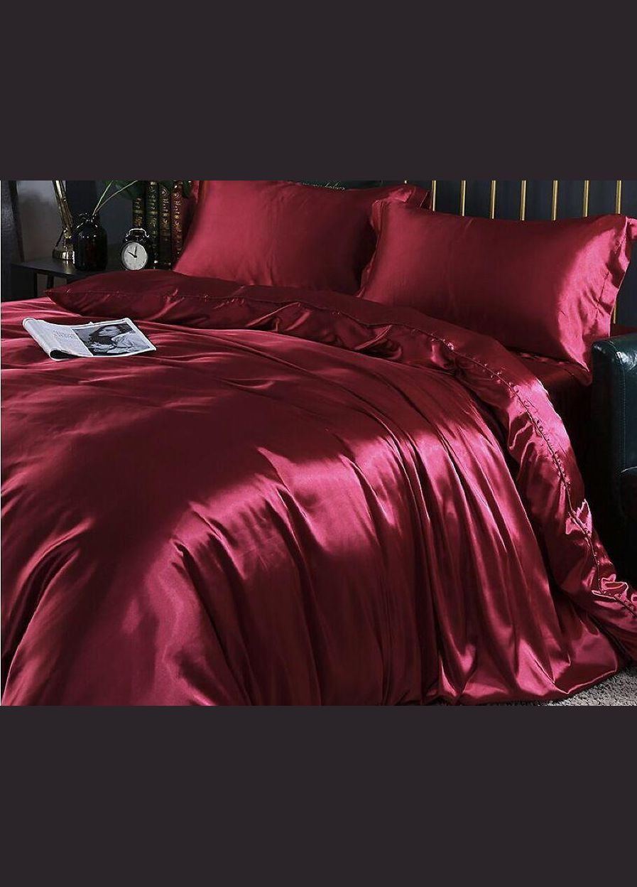 Атласна Бордова Євро постільна білизна 200х220 см із простирадлом на гумці та 4 наволочки Moka textile (316632019)