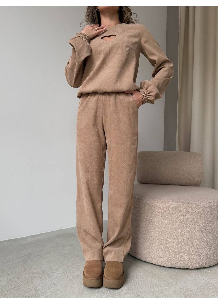 Костюм двійка вельвет х/б основа штани прямі та кофта з вирізом сердечка на грудях Україна (351290465)