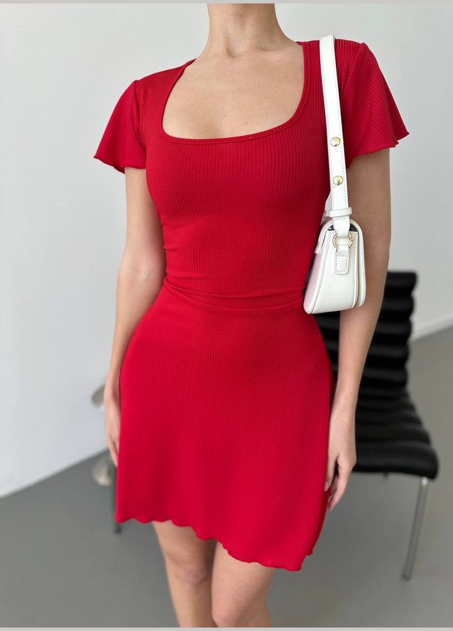 Червона повсякденний, кежуал легка міні сукня в рубчик зі стильною шнурівкою по спинці Vakko однотонна