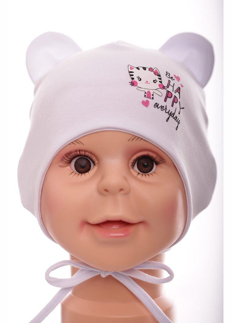 Шапка на завязках для девочки двойной трикотаж с кошкой белая 9м+ (50186) BABYKROHA (323469543)